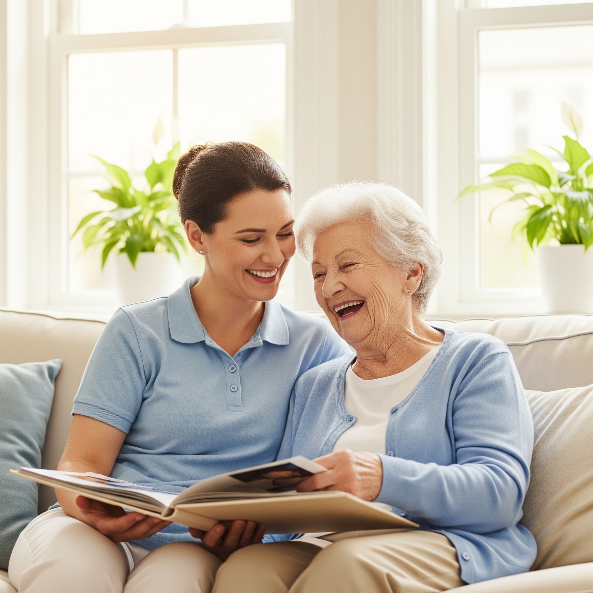 Caregiver and elderly woman reading together